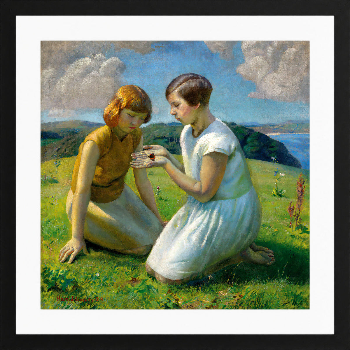 Harold Harvey Print, Two young girls with a butterfly in a black frame