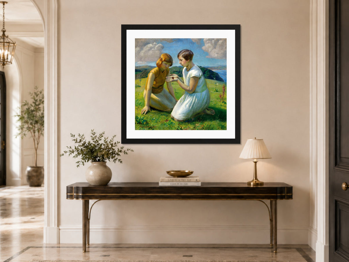 Harold Harvey Print, Two young girls with a butterfly displayed above a console table
