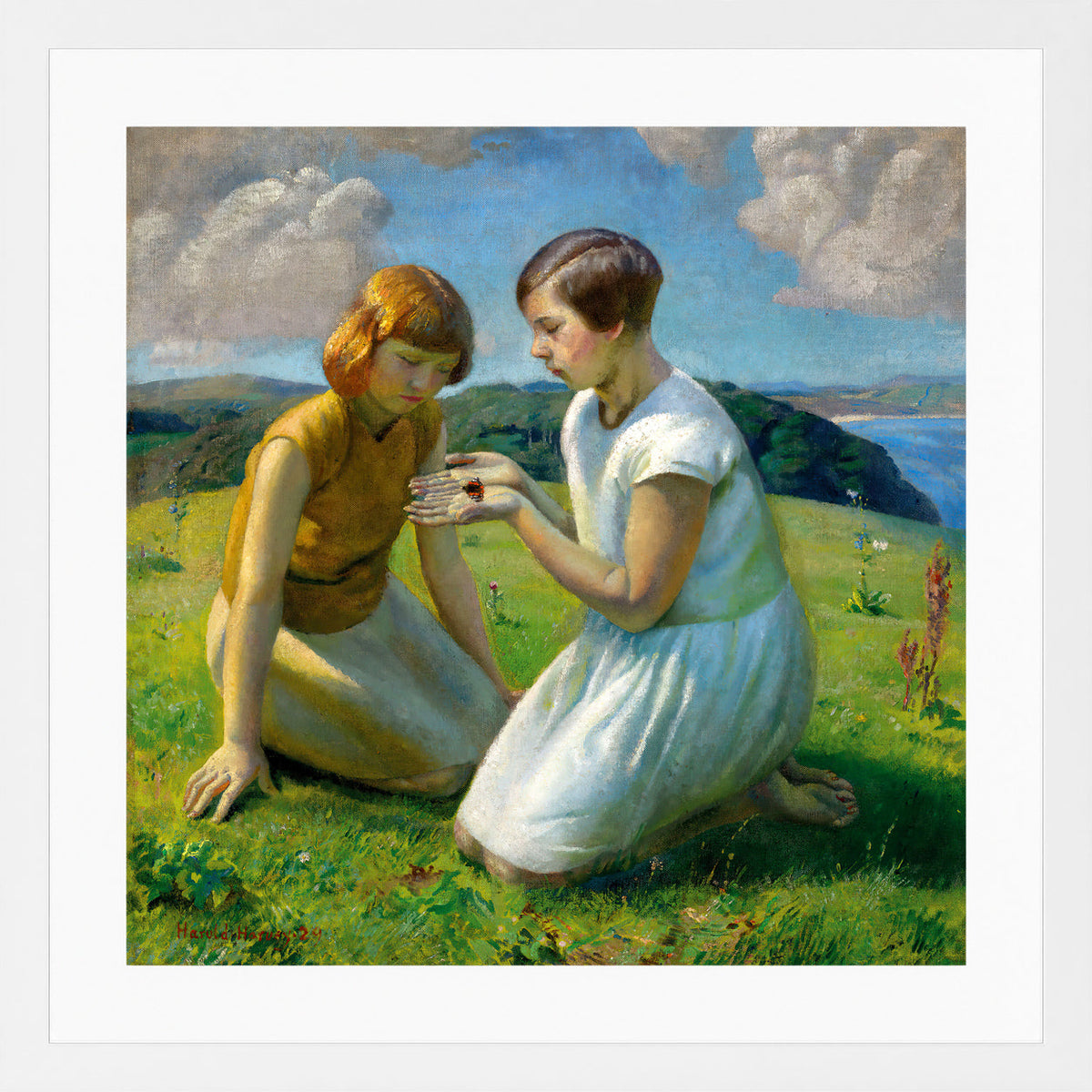 Harold Harvey Print, Two young girls with a butterfly in a white frame