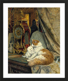 A Mother Cat and Her Kitten with a Bracket Clock (1897) by Henriette Ronner-Knip — black frame