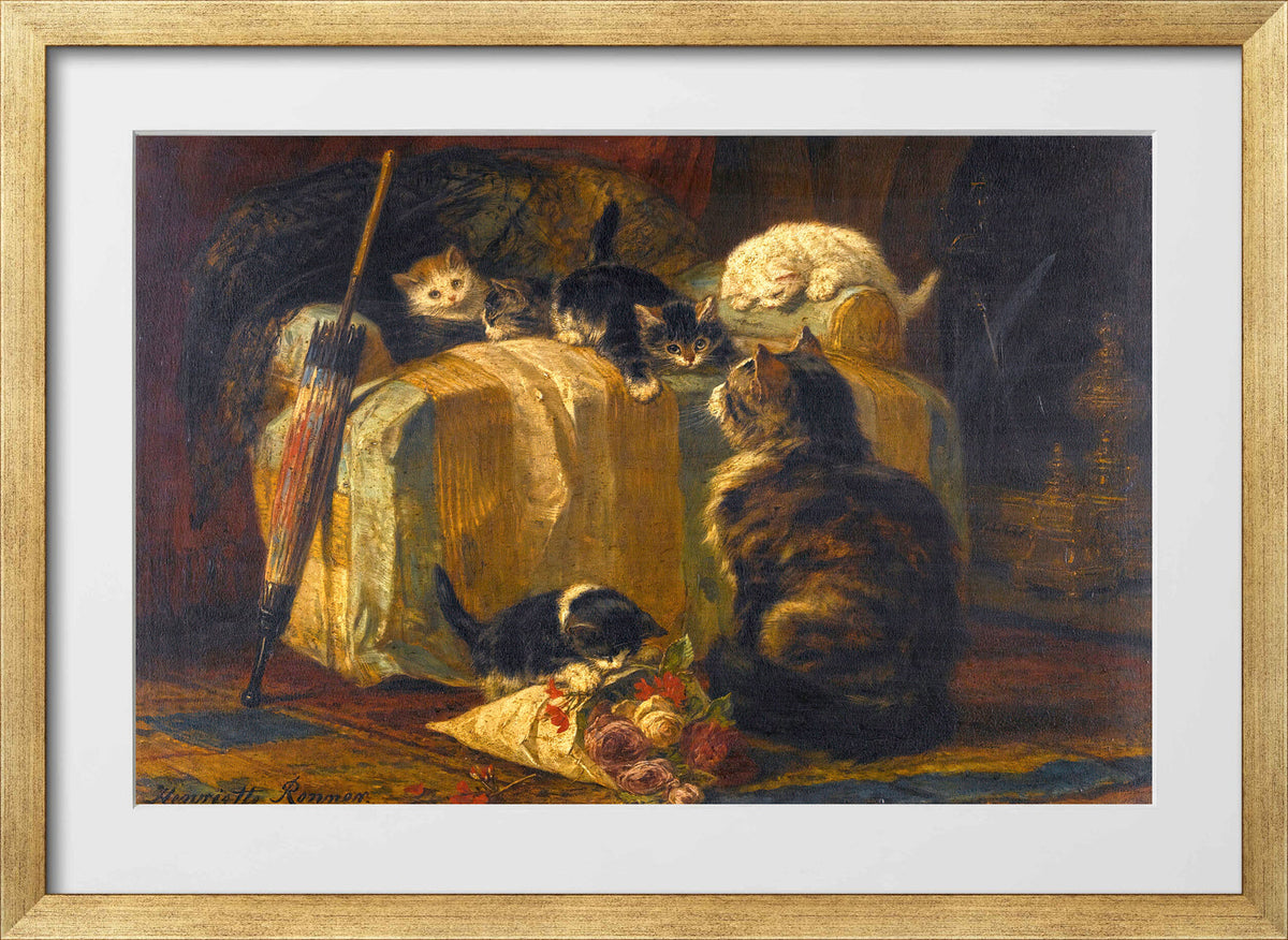Kittens at Play — The Draped Chair by Henriette Ronner-Knip — gold frame