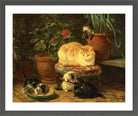 Kittens at Play — Among the Flowerpots by Henriette Ronner-Knip — dark grey frame
