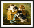 Three Kittens with a Casket and Blue Ribbon (1894) by Henriette Ronner-Knip — black frame