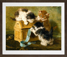 Three Kittens with a Casket and Blue Ribbon (1894) by Henriette Ronner-Knip — brown frame