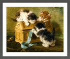 Three Kittens with a Casket and Blue Ribbon (1894) by Henriette Ronner-Knip — dark grey frame