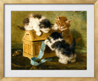 Three Kittens with a Casket and Blue Ribbon (1894) by Henriette Ronner-Knip — gold frame