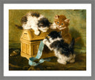 Three Kittens with a Casket and Blue Ribbon (1894) by Henriette Ronner-Knip — light grey frame