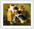 Three Kittens with a Casket and Blue Ribbon (1894) by Henriette Ronner-Knip — white frame