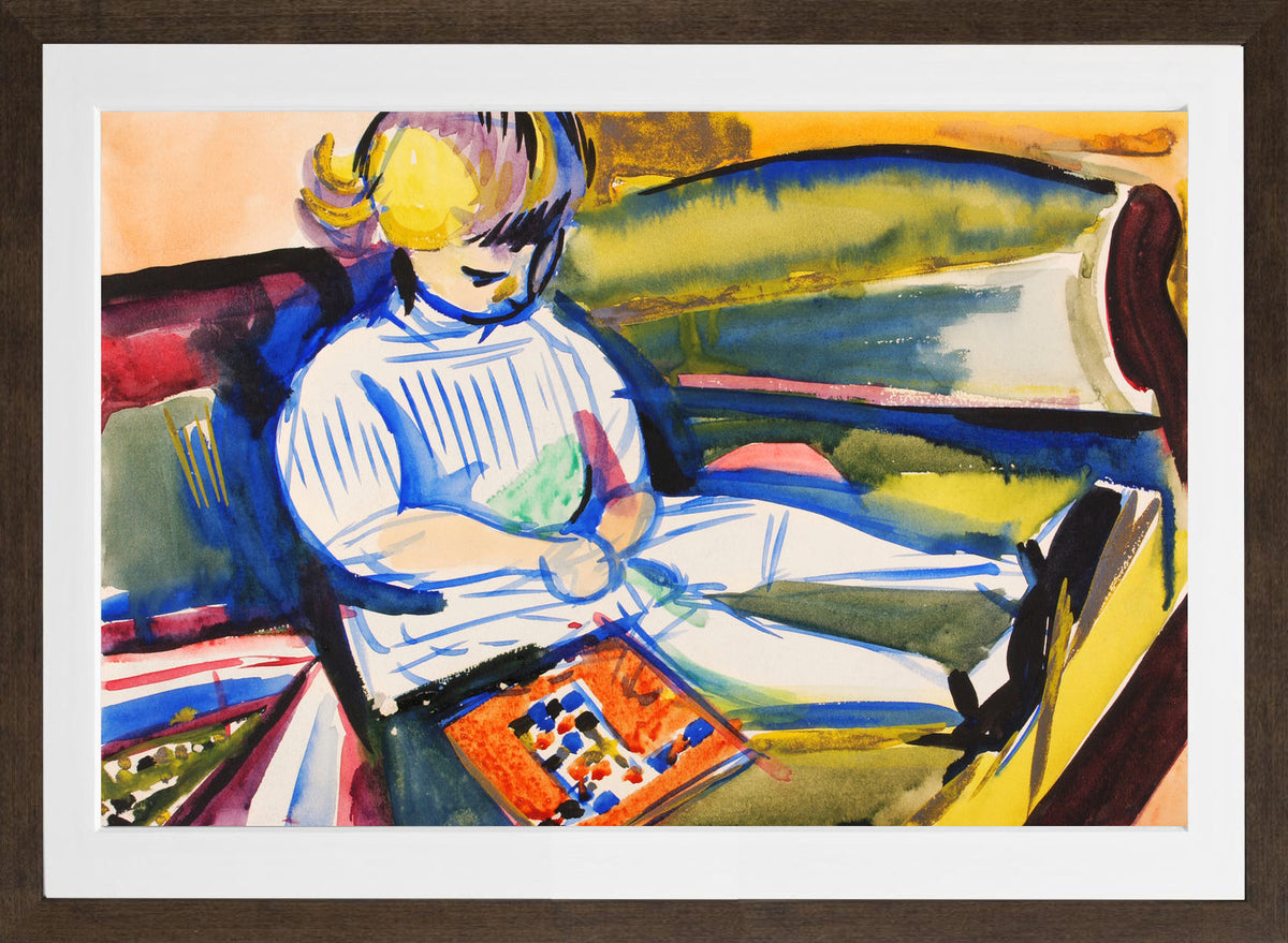 Child on Sofa by Henry Lyman Saÿen, in a brown frame