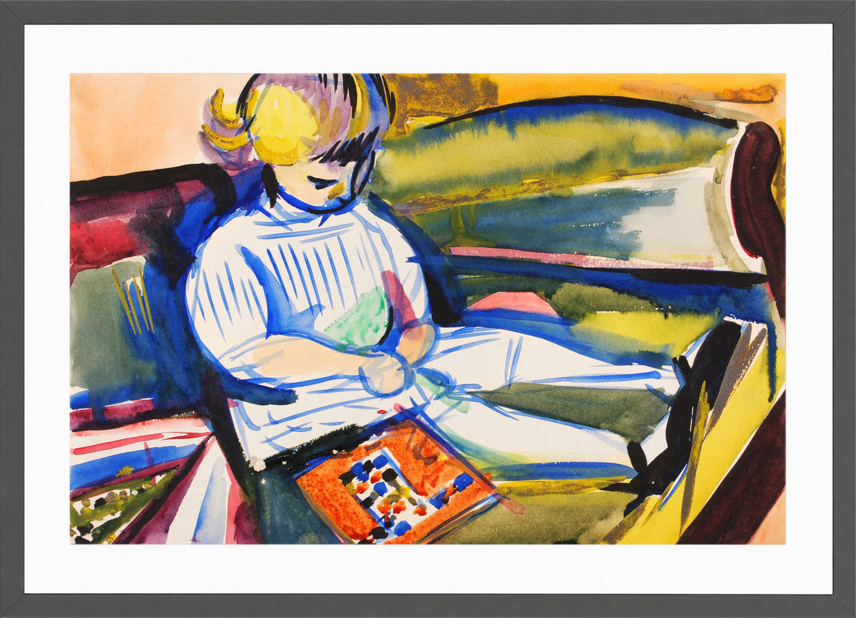 Child on Sofa by Henry Lyman Saÿen, in a dark grey frame