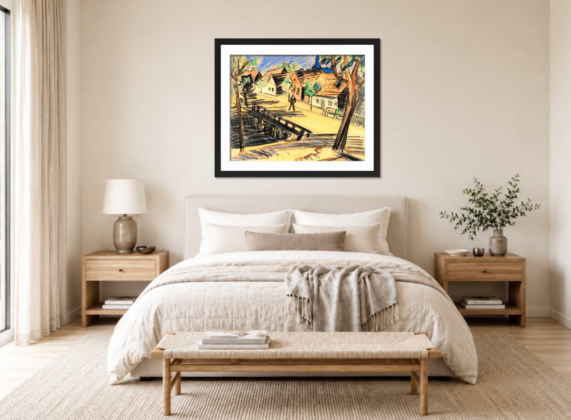Hermann Max Pechstein Print, Große Mühlengraben-Brücke (Leba) (1921) displayed above a bed