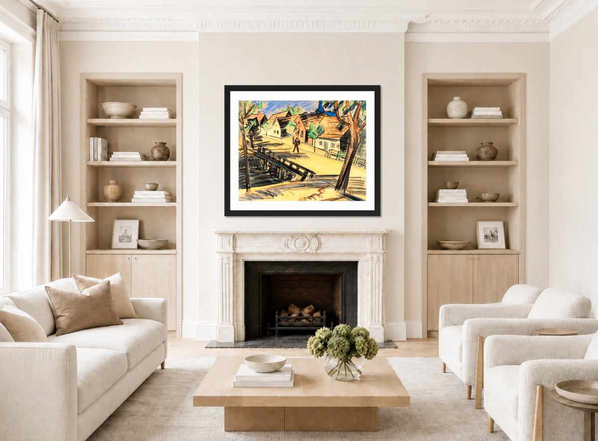 Hermann Max Pechstein Print, Große Mühlengraben-Brücke (Leba) (1921) displayed above a fireplace