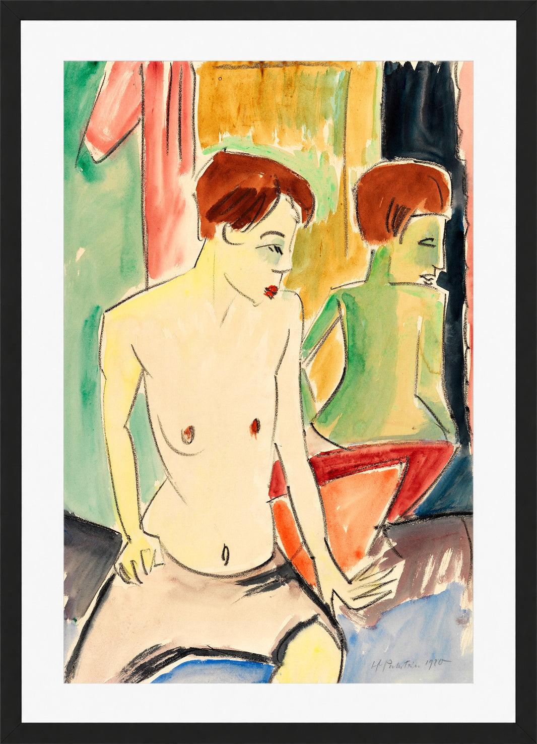 Hermann Max Pechstein Print, Act II: Woman Seated in Front of a Mirror (1920) in a black frame