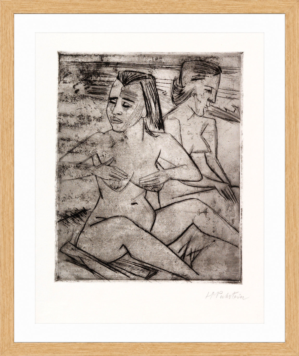 Hermann Max Pechstein Print, After the Bath (1920) in a light oak frame