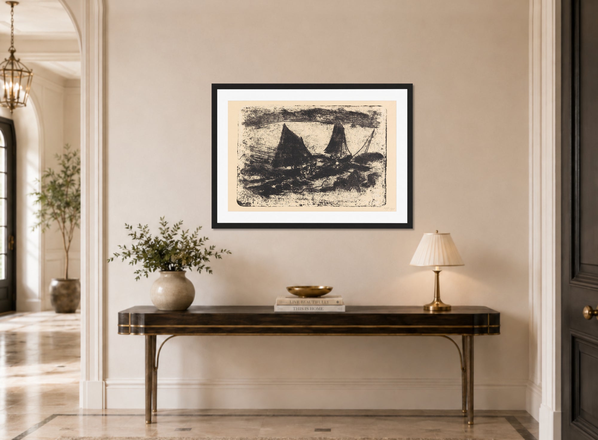 Hermann Max Pechstein Print, Am See II (1911) displayed above a console table