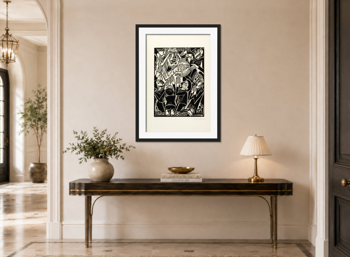 Hermann Max Pechstein Print, And forgive us our debts (und vergieb uns Unsre Schuld) (1921) displayed above a console table