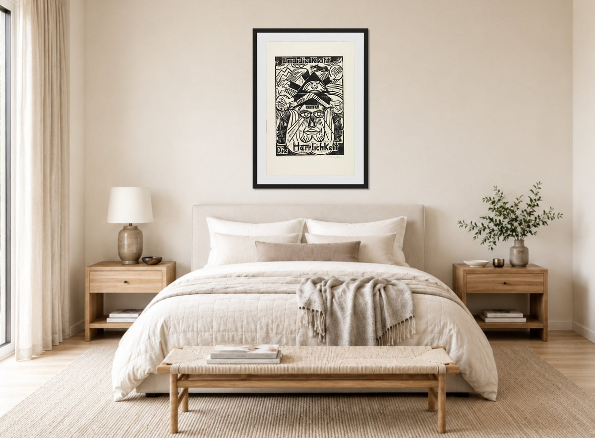 Hermann Max Pechstein Print, And the power and the glory (Und die Kraft und die Herrlichkeit) (1921) displayed above a bed