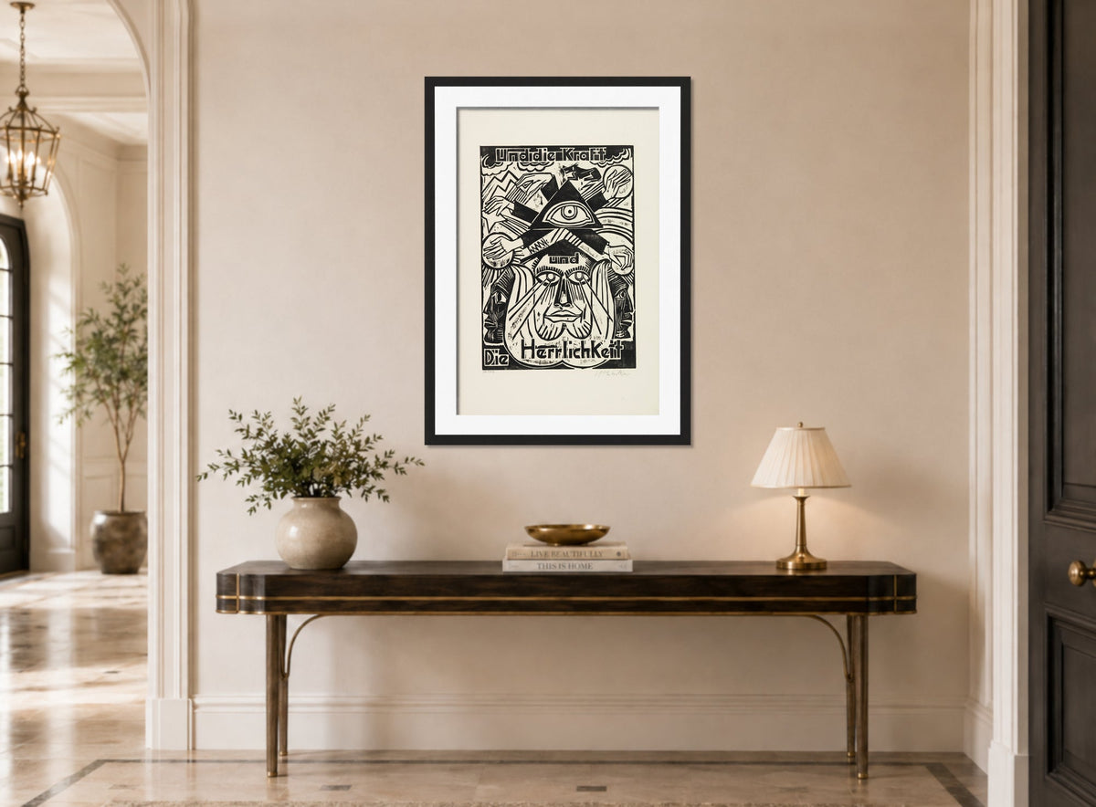 Hermann Max Pechstein Print, And the power and the glory (Und die Kraft und die Herrlichkeit) (1921) displayed above a console table
