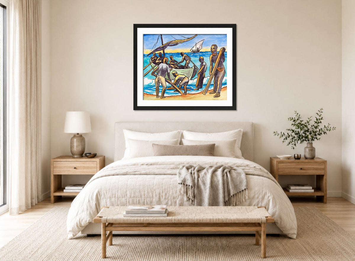 Hermann Max Pechstein Print, Ausfahrt zum Fischfang (1951) displayed above a bed