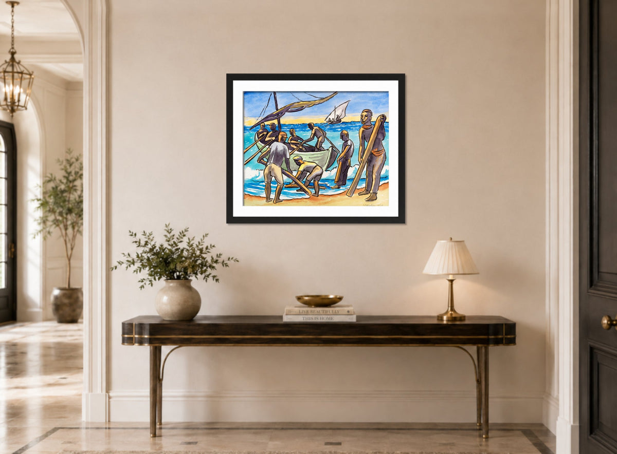 Hermann Max Pechstein Print, Ausfahrt zum Fischfang (1951) displayed above a console table