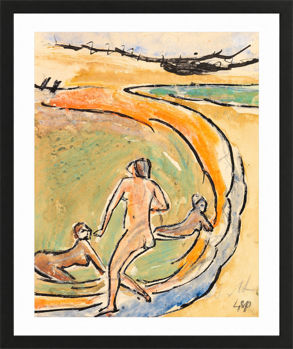 Hermann Max Pechstein Print, Badende an der Buhne (1912) in a black frame