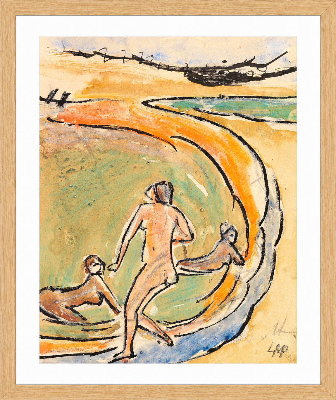 Hermann Max Pechstein Print, Badende an der Buhne (1912) in a light oak frame