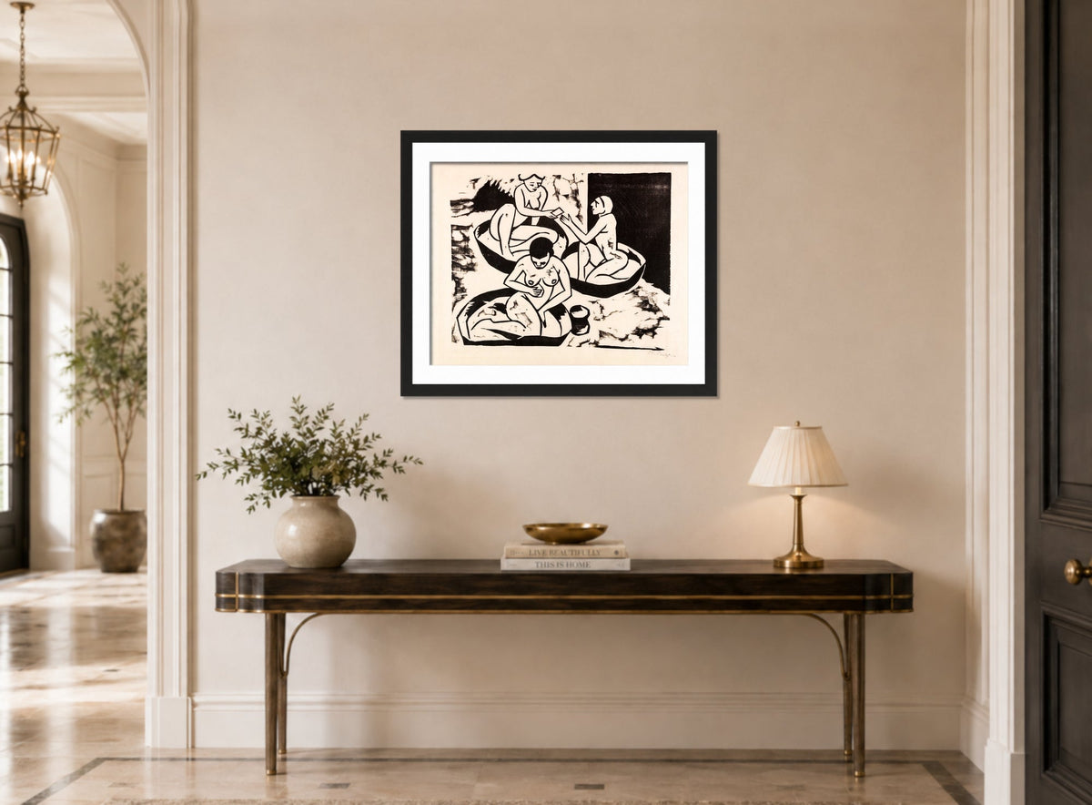 Hermann Max Pechstein Print, Badende II (1911) displayed above a console table