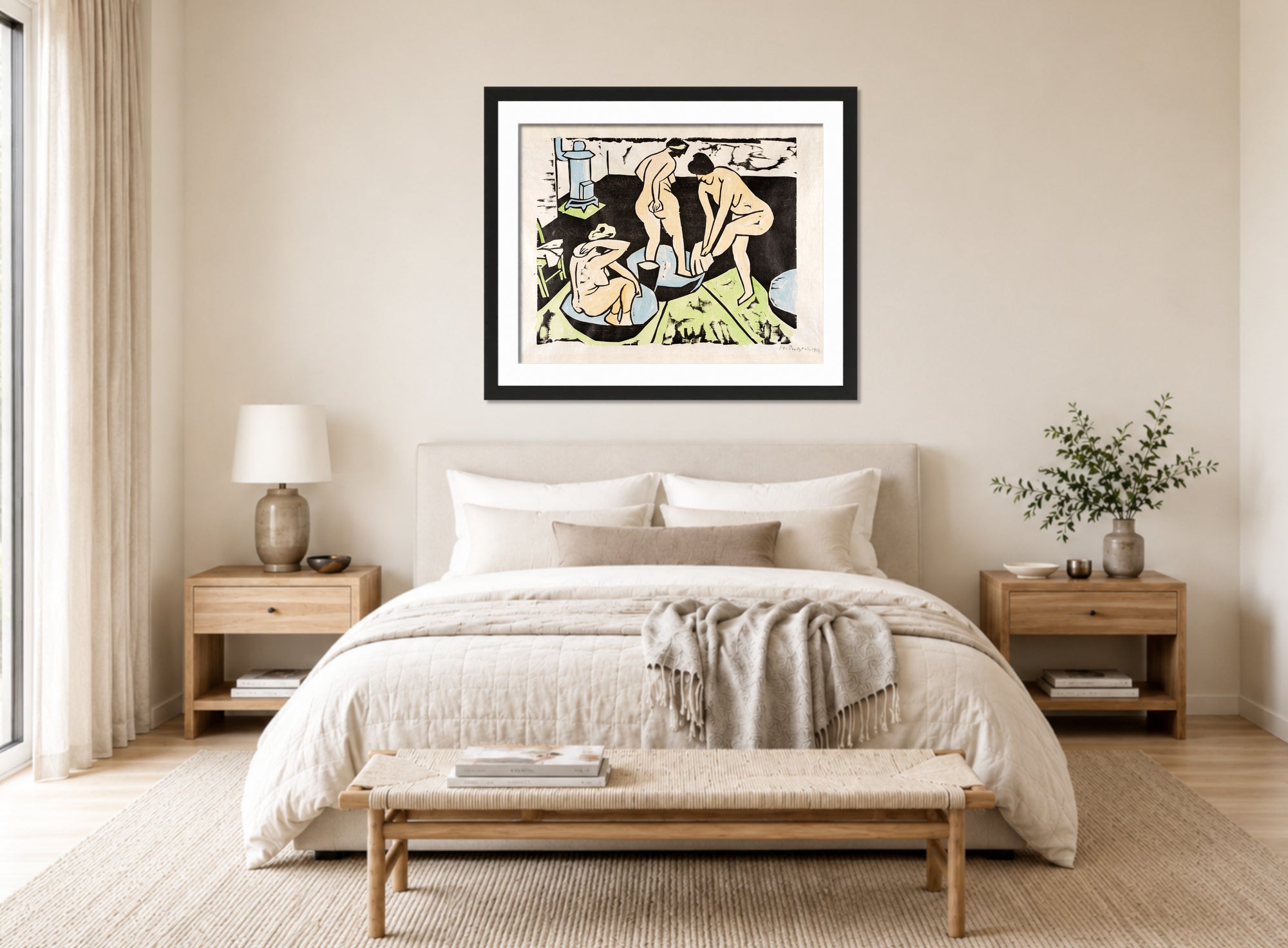 Hermann Max Pechstein Print, Badende XI (1911) displayed above a bed
