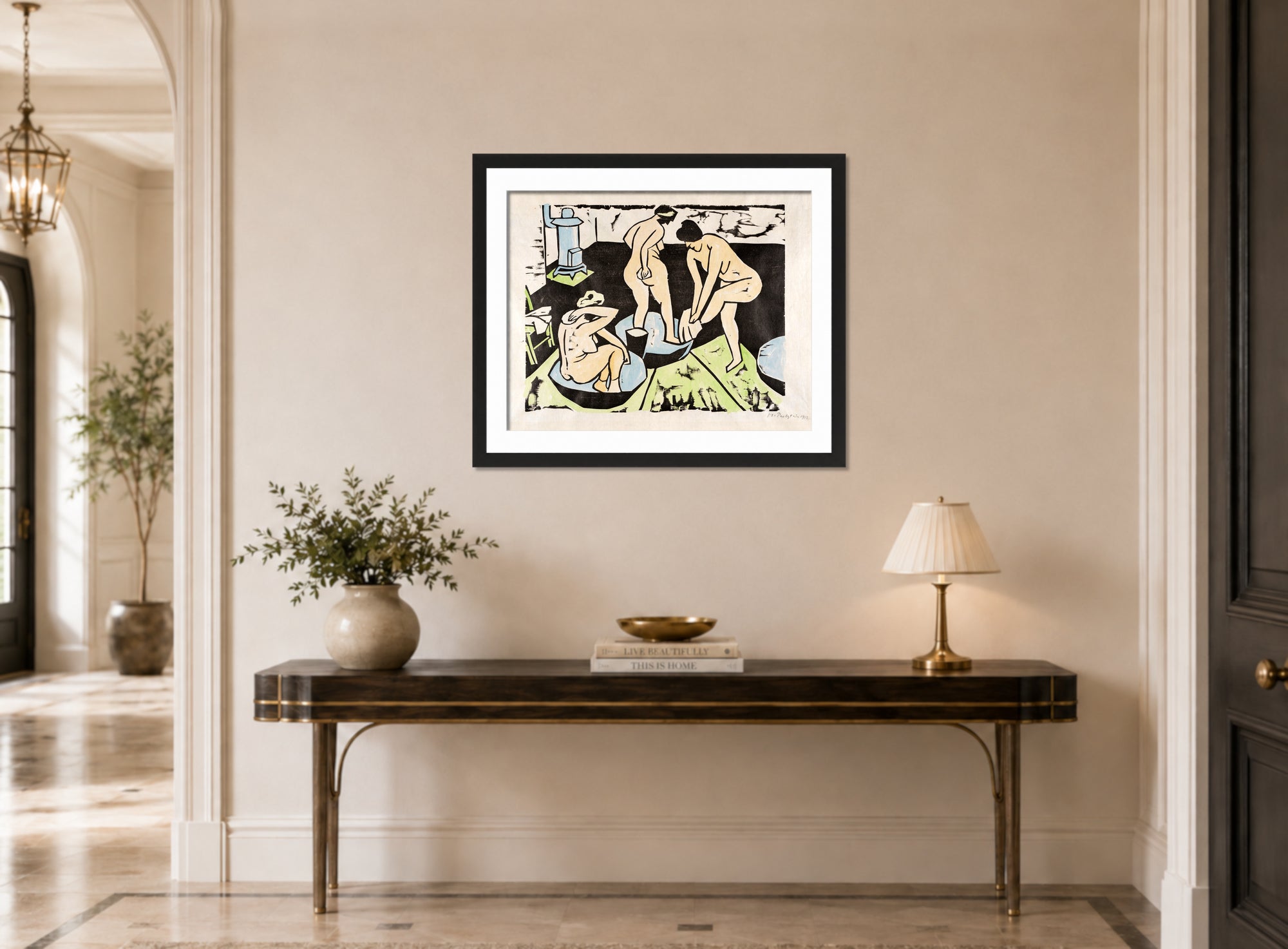 Hermann Max Pechstein Print, Badende XI (1911) displayed above a console table