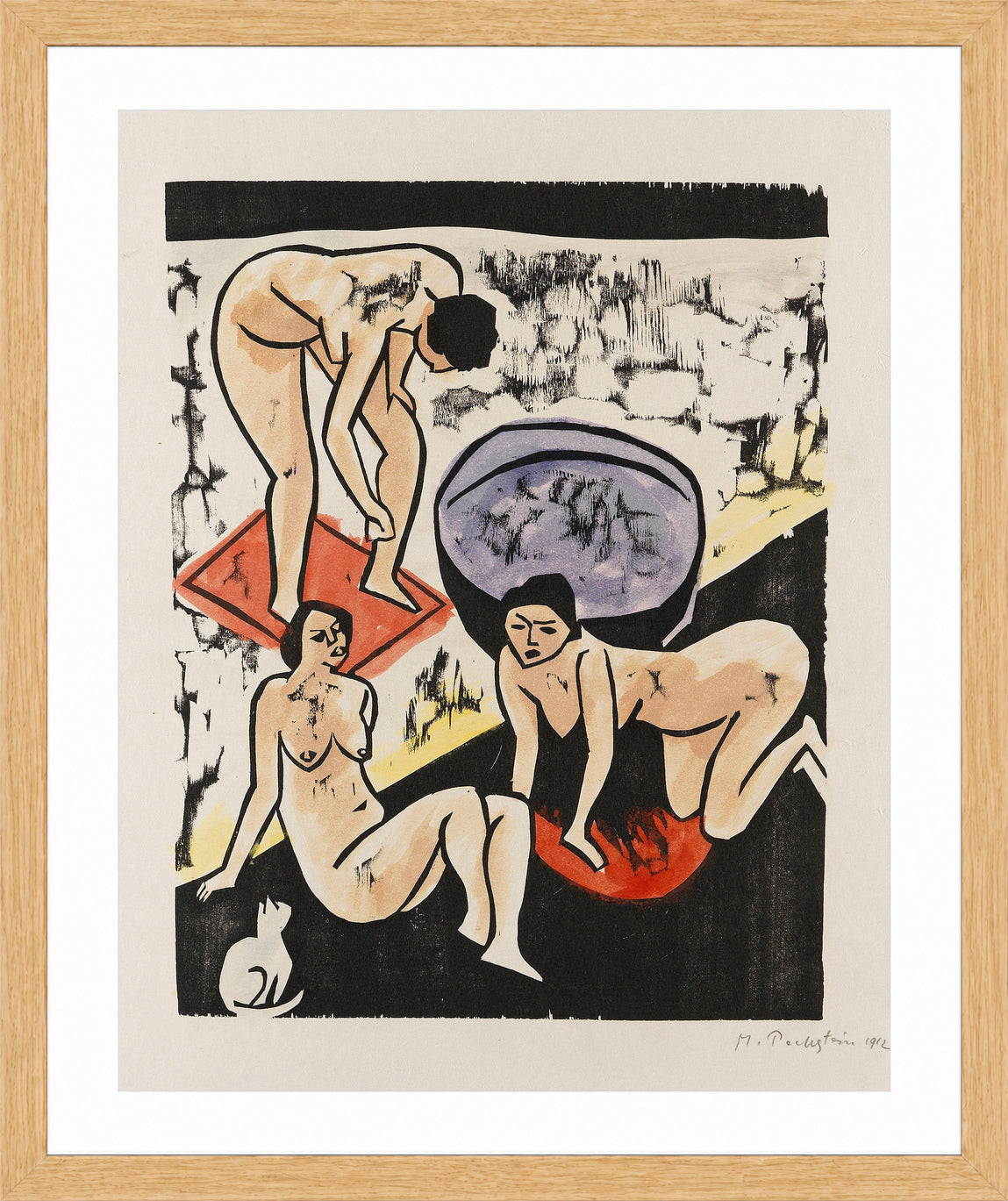 Hermann Max Pechstein Print, Bathers I (1911) in a light oak frame