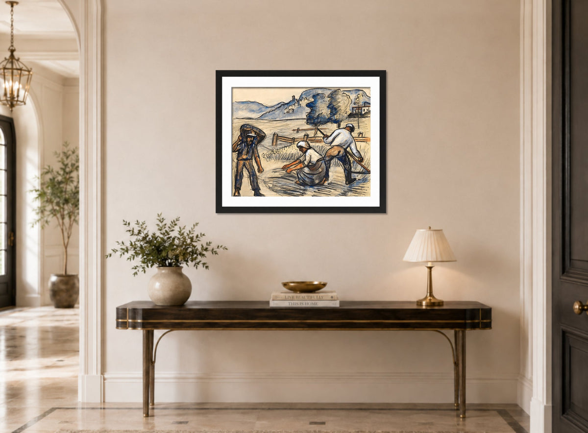 Hermann Max Pechstein Print, Bei der Ernte (1924) displayed above a console table