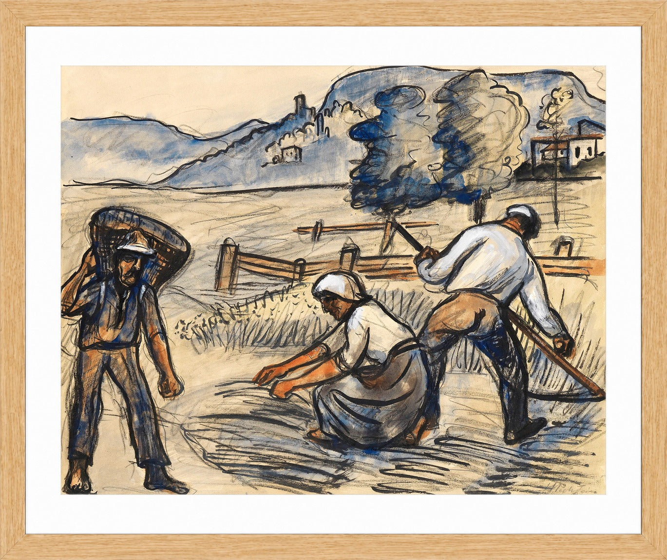 Hermann Max Pechstein Print, Bei der Ernte (1924) in a light oak frame