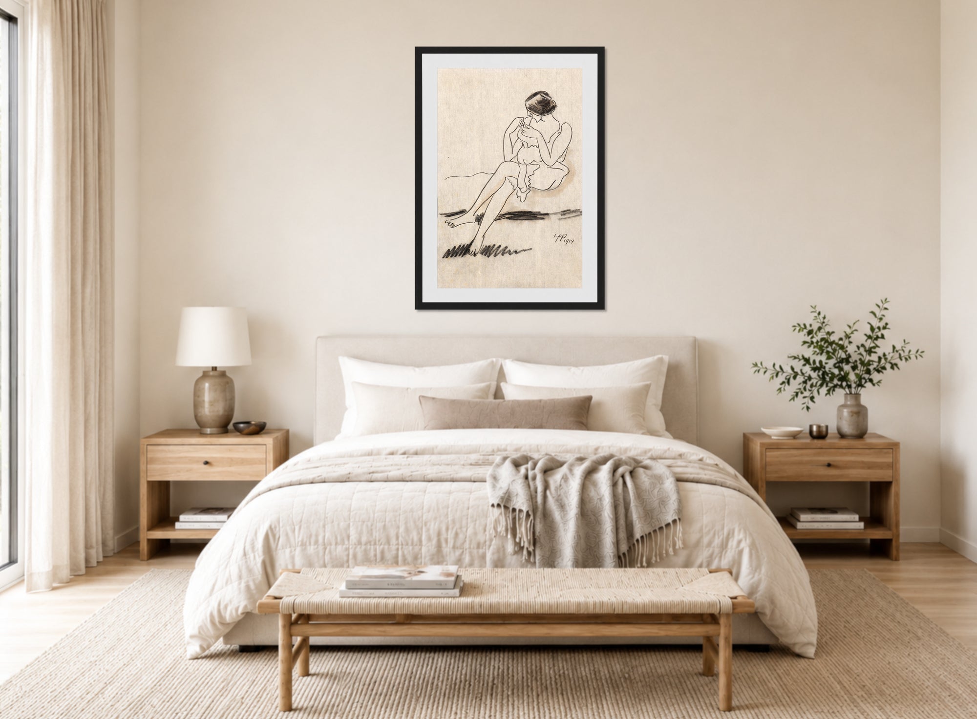 Hermann Max Pechstein Print, Beim Trägerknöpfen (1914) displayed above a bed