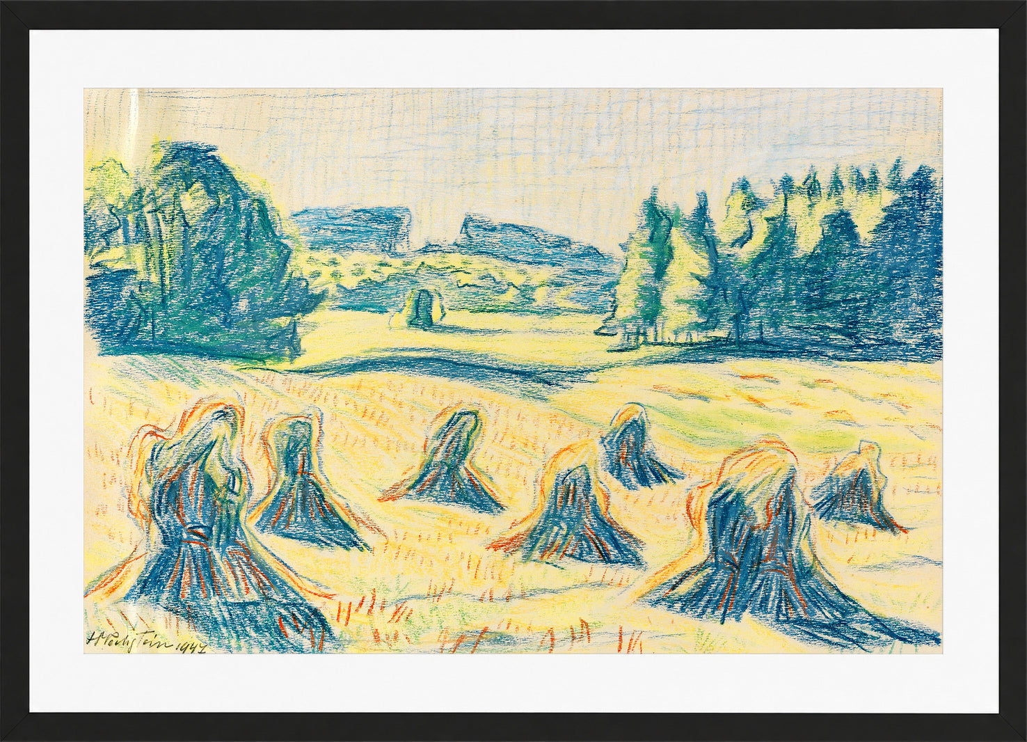 Hermann Max Pechstein Print, Blue corn stalks in a forest meadow (1947) in a black frame