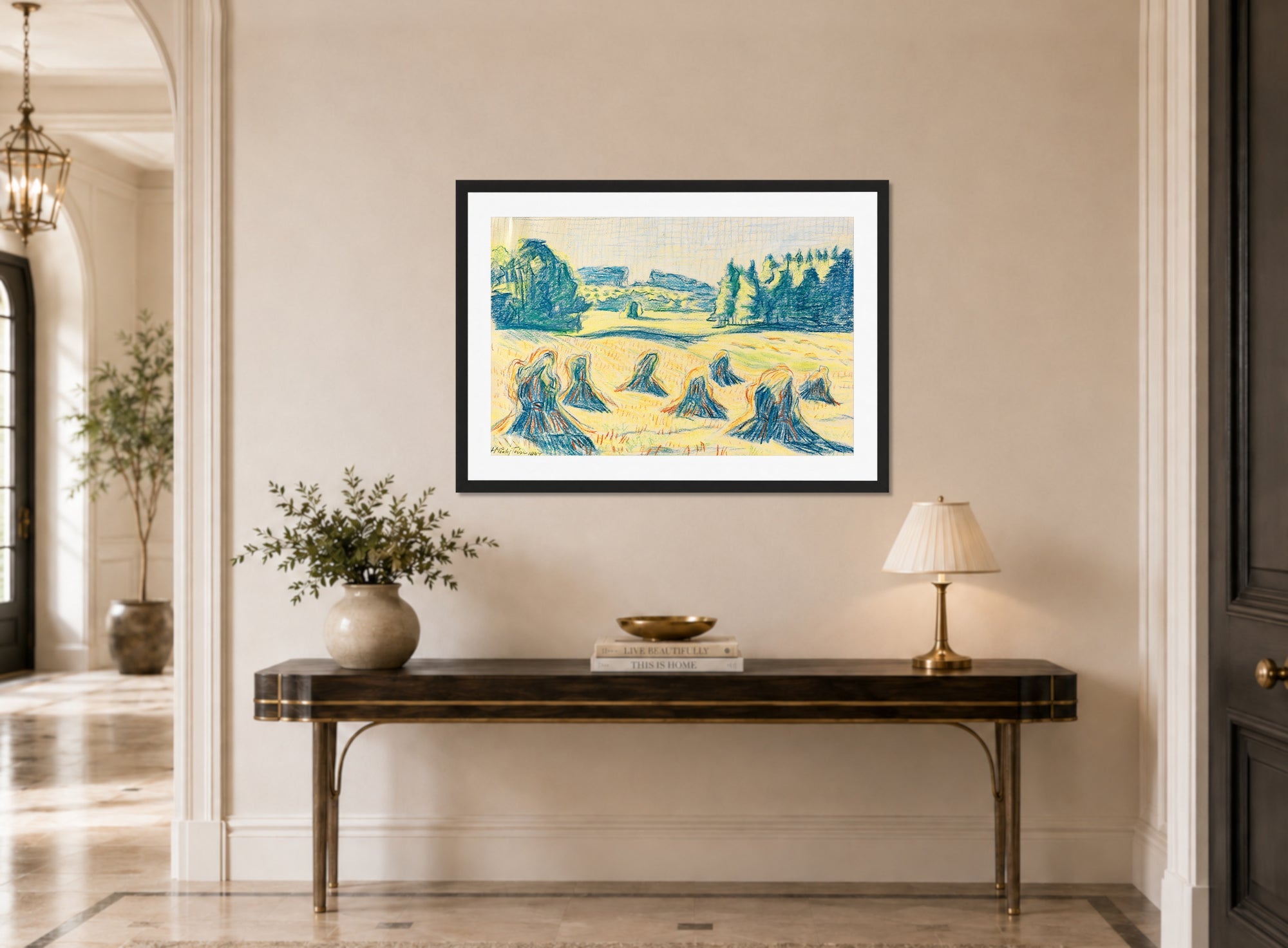 Hermann Max Pechstein Print, Blue corn stalks in a forest meadow (1947) displayed above a console table