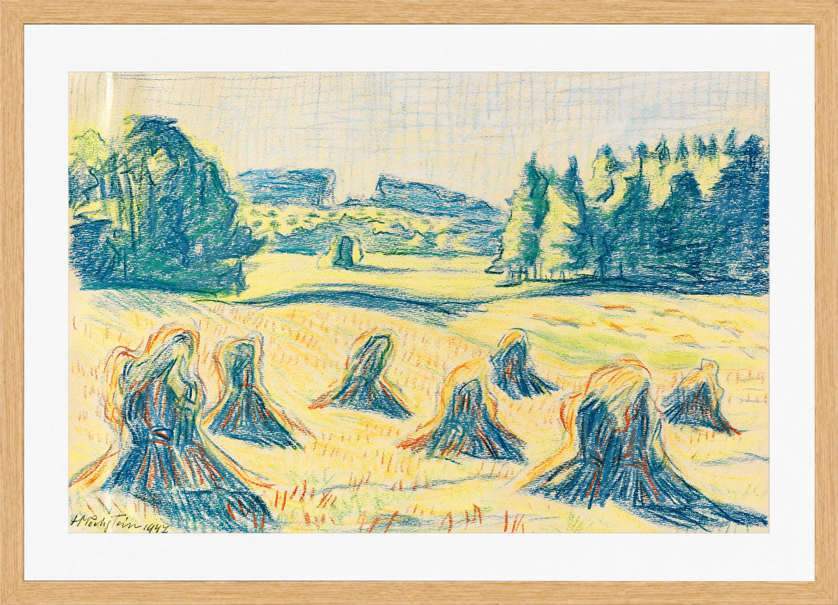 Hermann Max Pechstein Print, Blue corn stalks in a forest meadow (1947) in a light oak frame