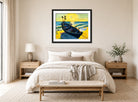 Hermann Max Pechstein Print, Boat at sunrise (1949) displayed above a bed