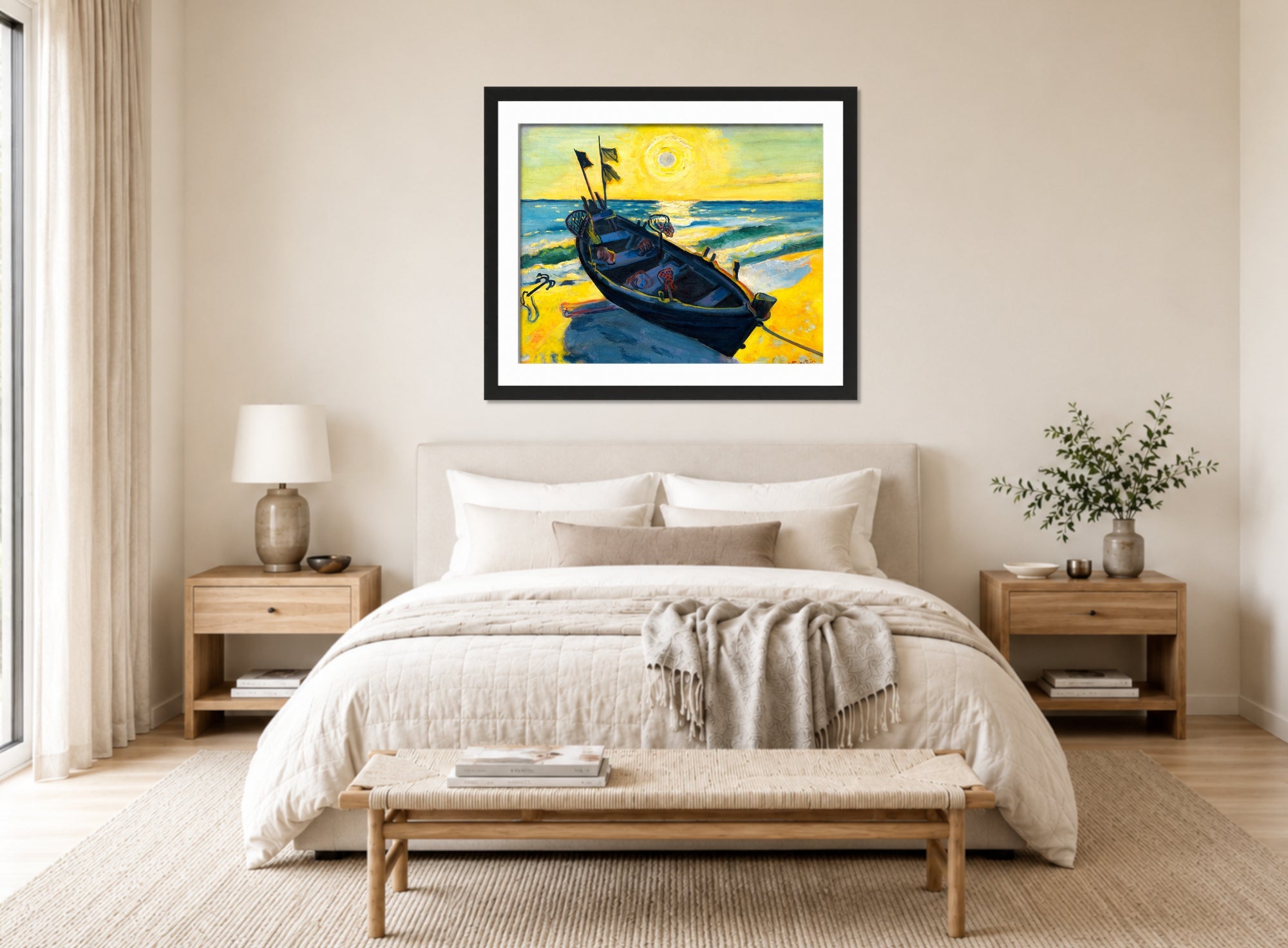 Hermann Max Pechstein Print, Boat at sunrise (1949) displayed above a bed