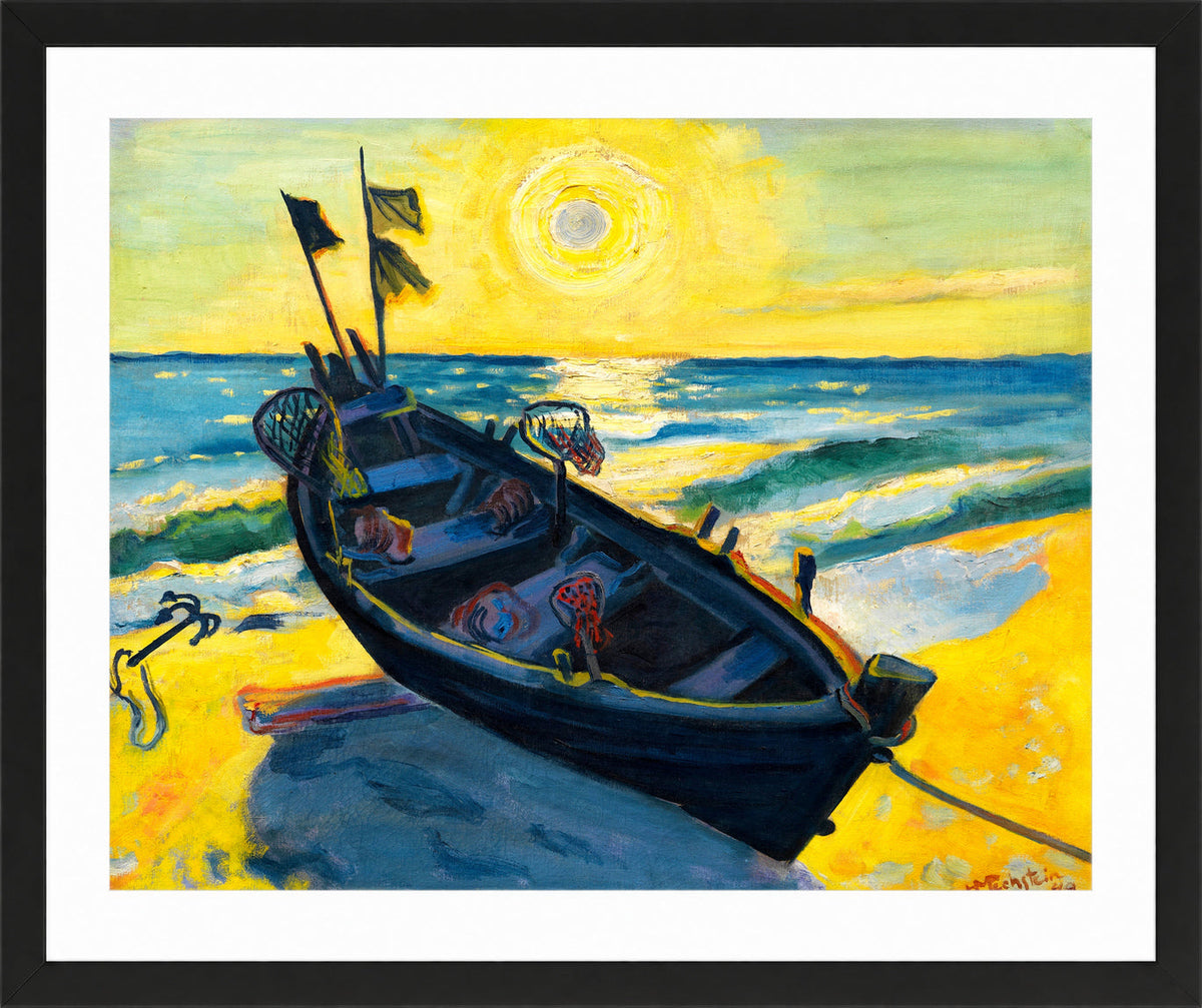 Hermann Max Pechstein Print, Boat at sunrise (1949) in a black frame