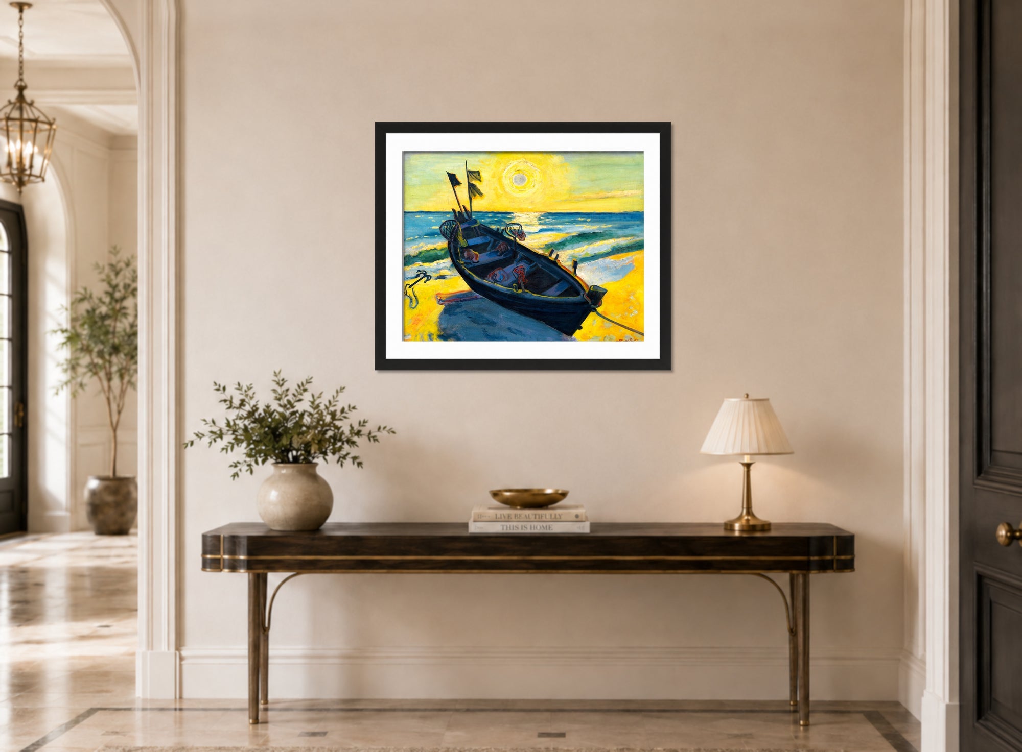 Hermann Max Pechstein Print, Boat at sunrise (1949) displayed above a console table