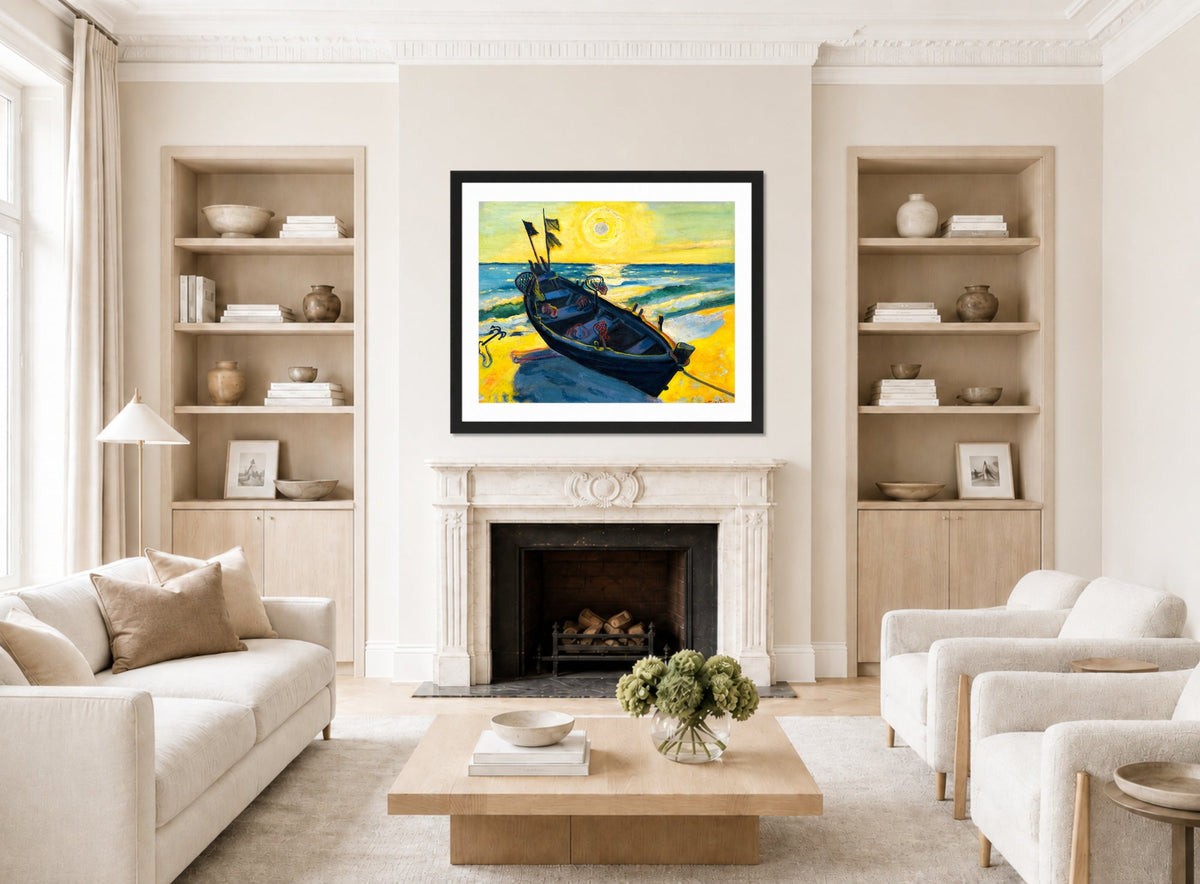 Hermann Max Pechstein Print, Boat at sunrise (1949) displayed in a living room