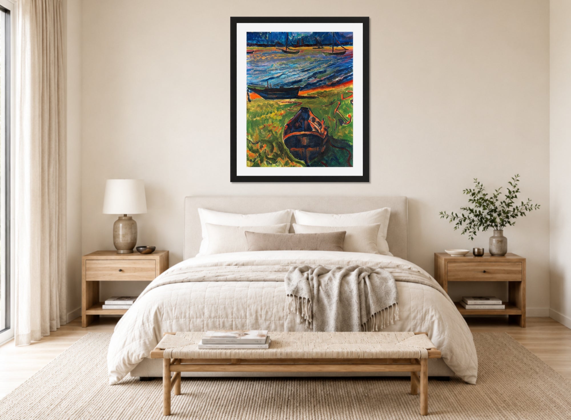 Hermann Max Pechstein Print, Boats at Dangasterpriel (1910) displayed above a bed