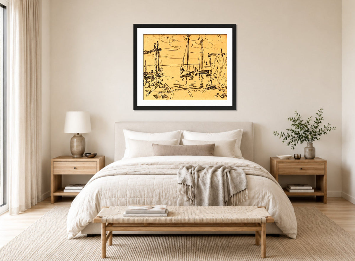 Hermann Max Pechstein Print, Boats in Nida (1909) displayed above a bed