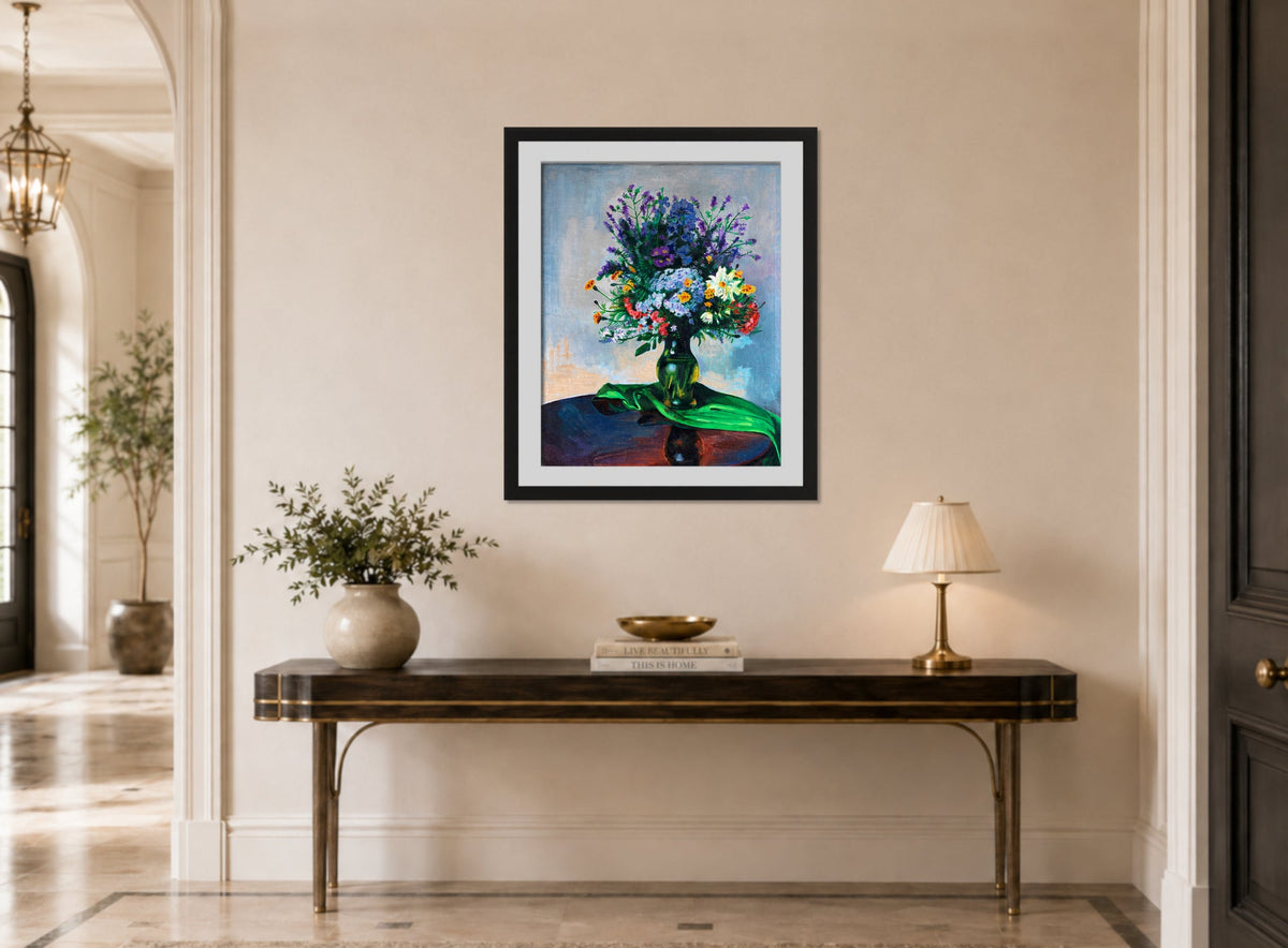 Hermann Max Pechstein Print, Bouquet of Flowers (1927) displayed above a console table