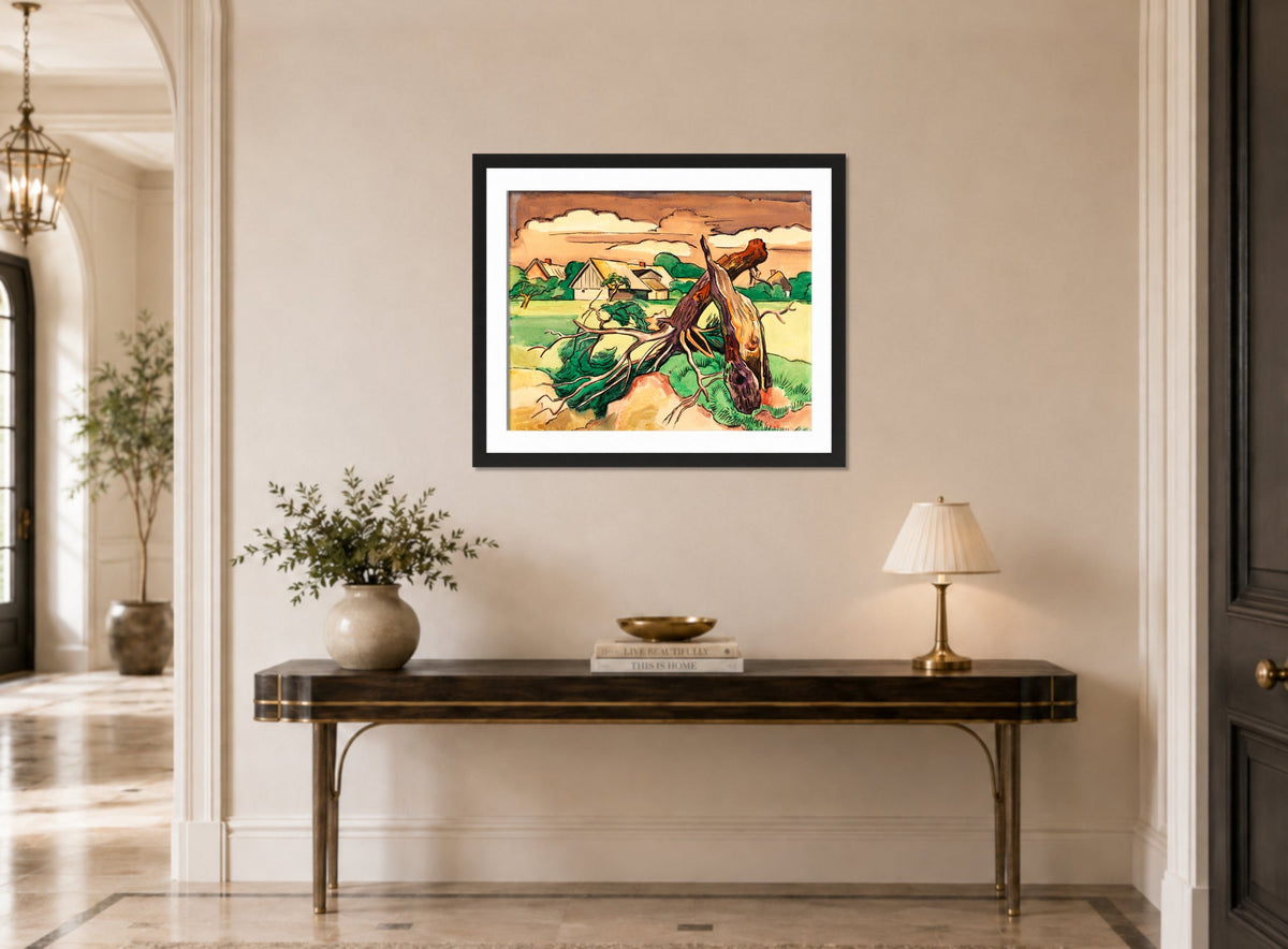 Hermann Max Pechstein Print, Broken tree in front of a Pomeranian village landscape (1927) displayed above a console table