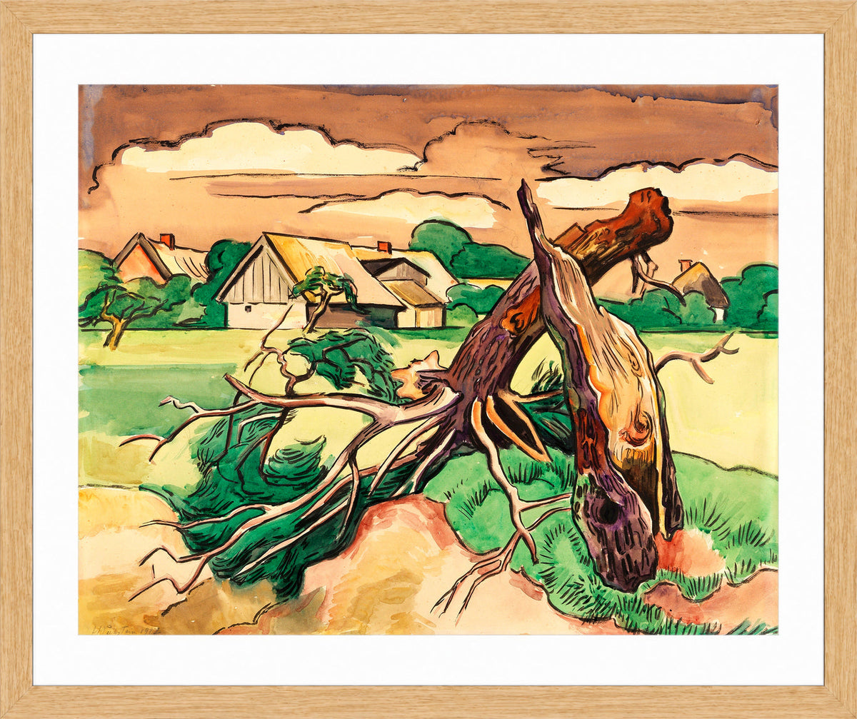 Hermann Max Pechstein Print, Broken tree in front of a Pomeranian village landscape (1927) in a light oak frame