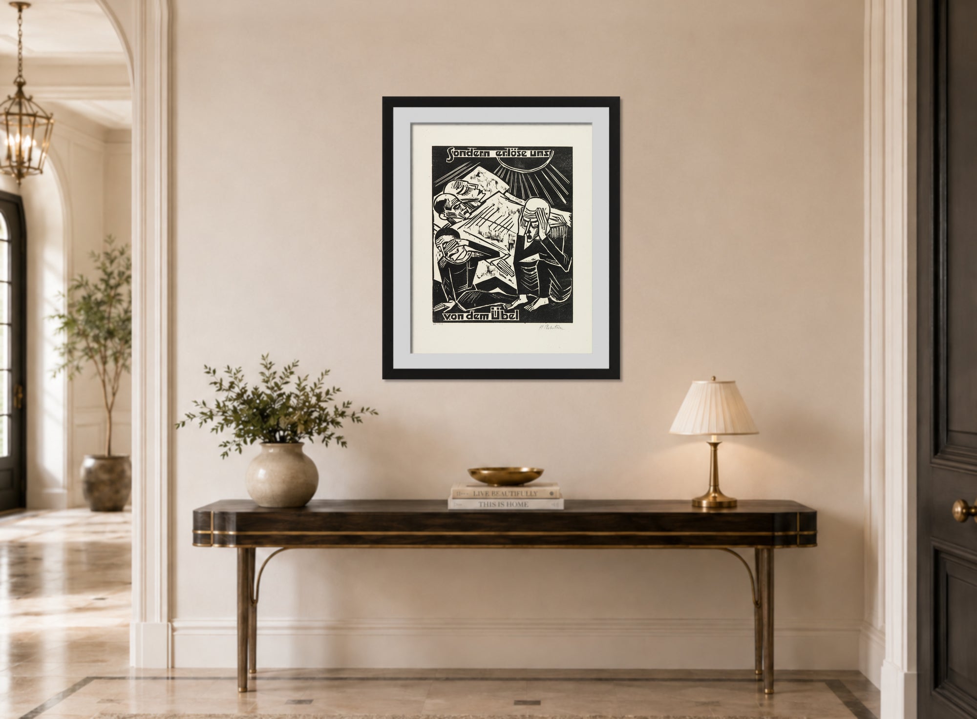 Hermann Max Pechstein Print, But deliver us from evil (Sondern erlöse uns von dem Übel) (1921) displayed above a console table