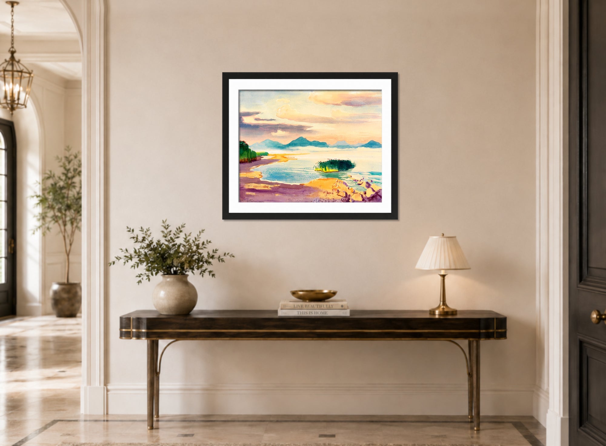 Hermann Max Pechstein Print, Chiemsee shore (1947) displayed above a console table