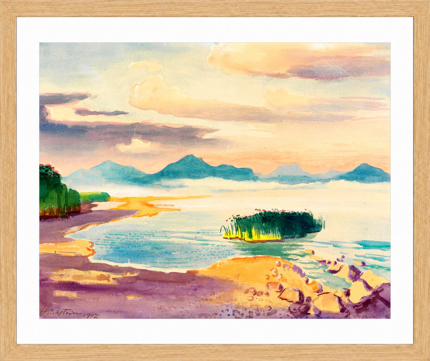 Hermann Max Pechstein Print, Chiemsee shore (1947) in a light oak frame