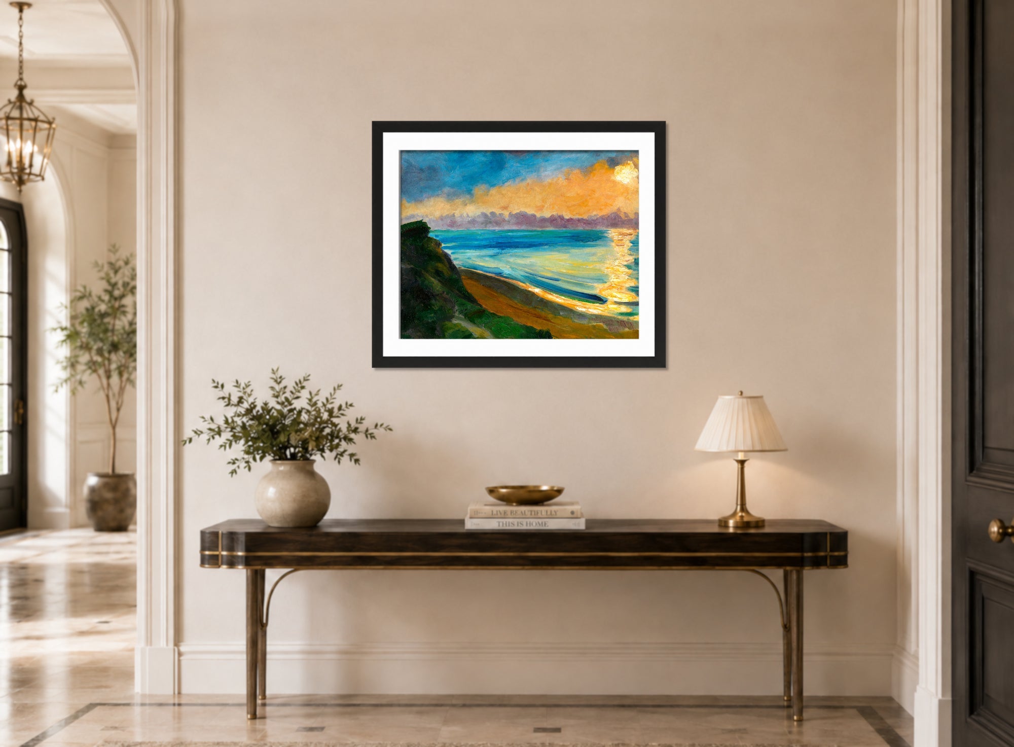 Hermann Max Pechstein Print, Cliffs and sun reflection (1922) displayed above a console table